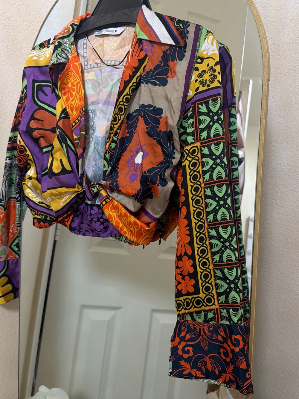 Zara Multicolor Printed Long Sleeve Tie-Front Top
